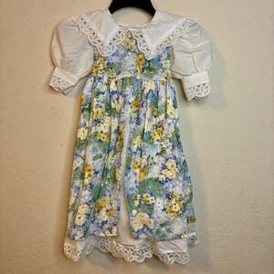 Jo Lene Vintage Girls 6X Floral Lace Collar Puff Sleeve Prairie Dress USA 80s